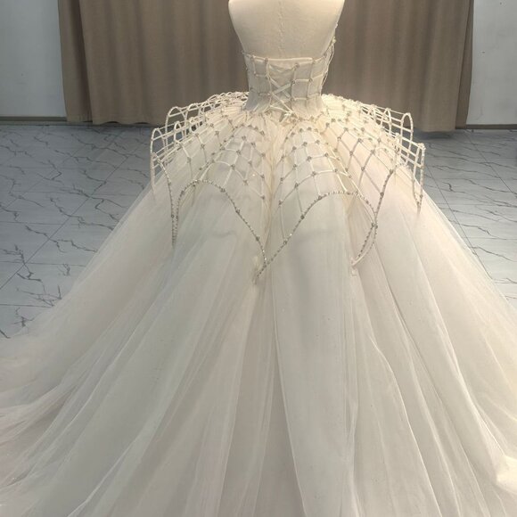 Regal Modern Princess Beaded Cage Bodice Ball Gown Wedding Dress - Picture 3 of 5